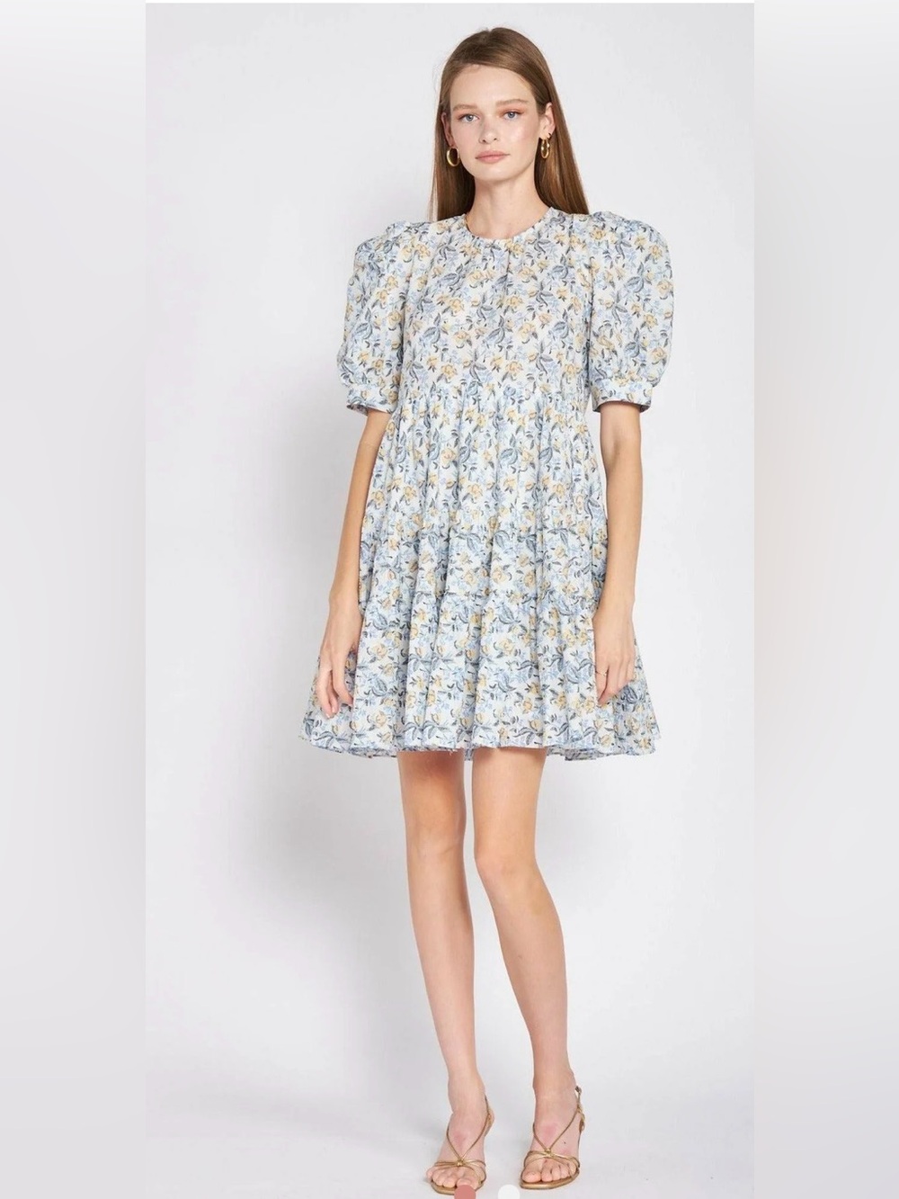 En Saison /Anthro Floral Puff Sleeve Tiered Cotton Mini Dress Floral Cottagecore